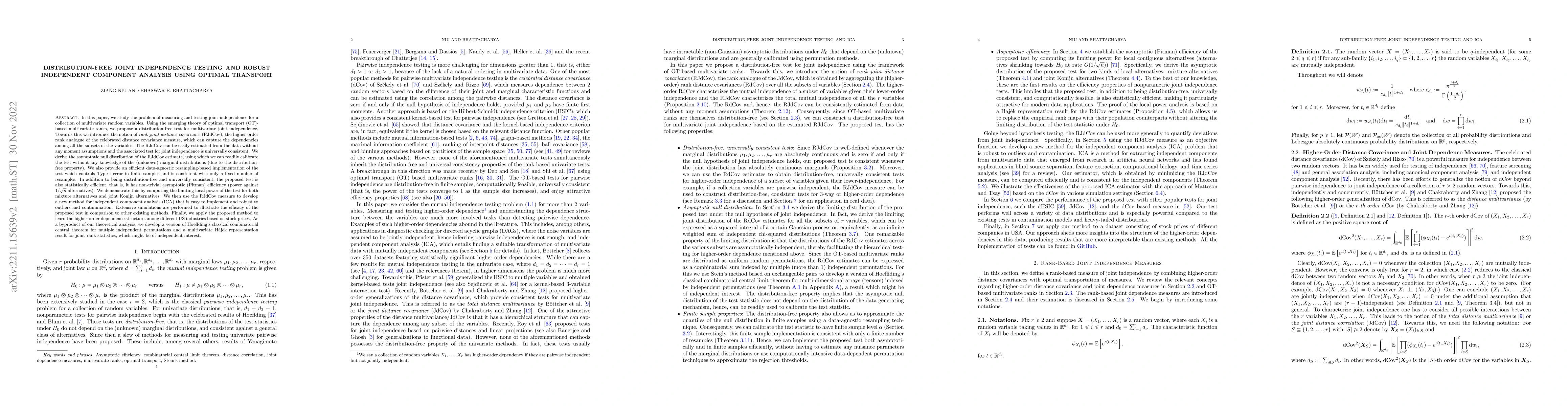 Thumbnail for Distribution-free joint independence testing and robust independent
  component analysis using optimal transport