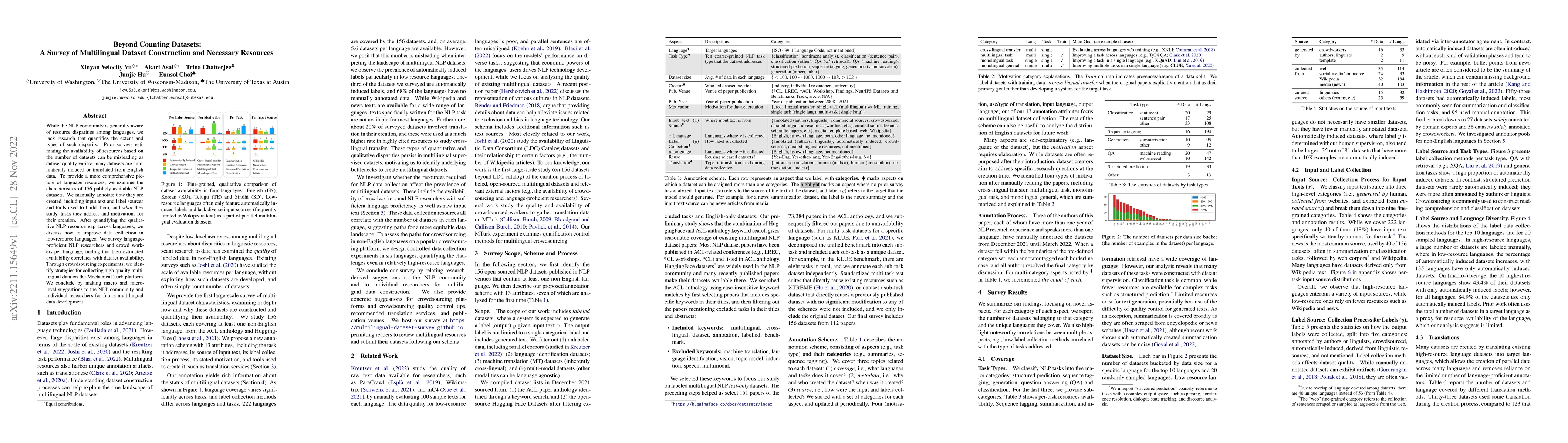 Thumbnail for Beyond Counting Datasets: A Survey of Multilingual Dataset Construction
  and Necessary Resources