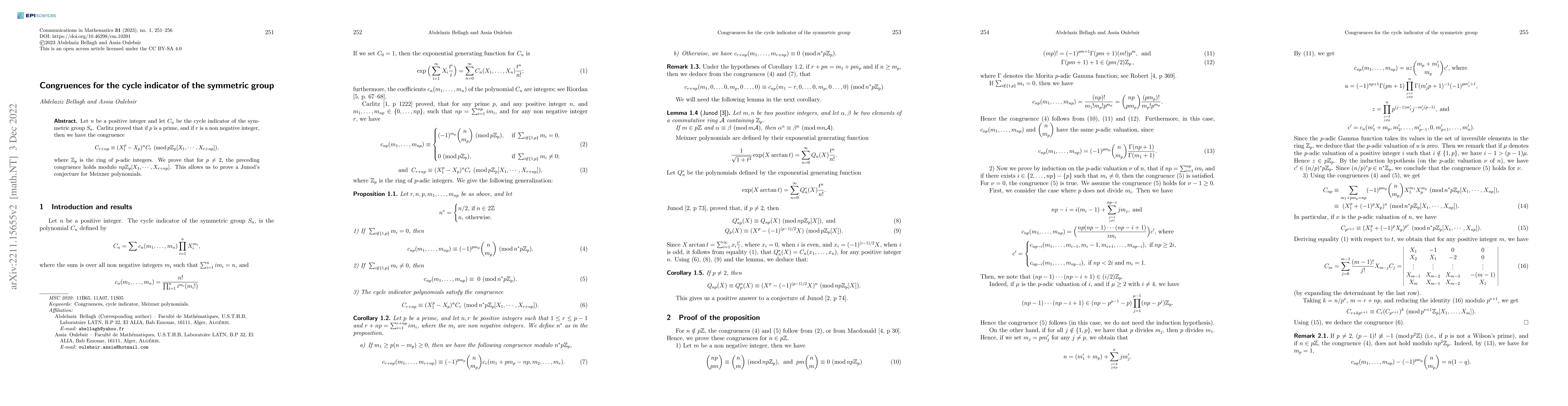 Thumbnail for Congruences for the cycle indicator of the symmetric group
