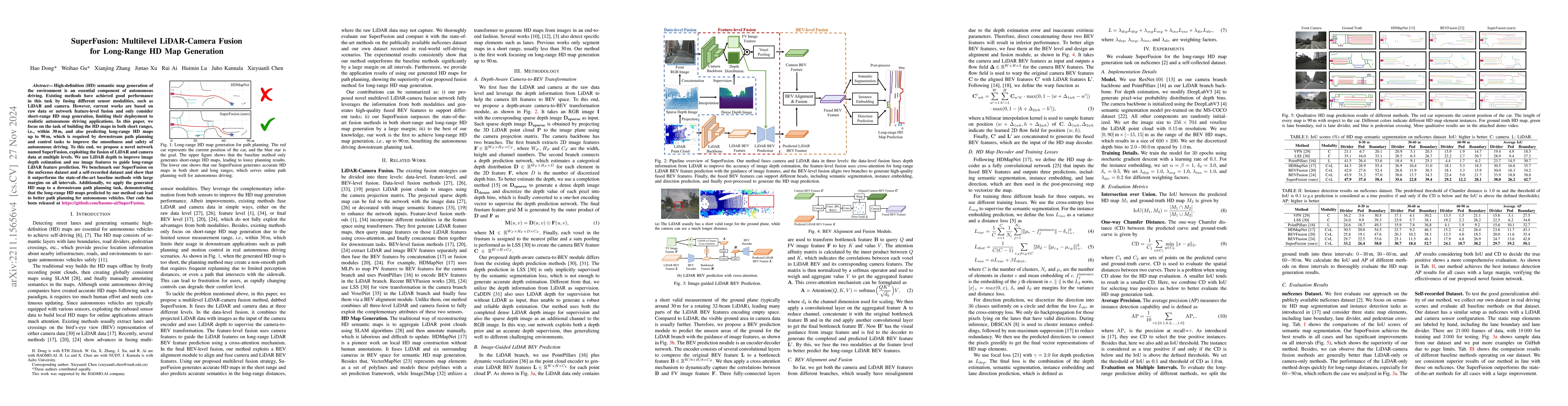 Thumbnail for SuperFusion: Multilevel LiDAR-Camera Fusion for Long-Range HD Map
  Generation