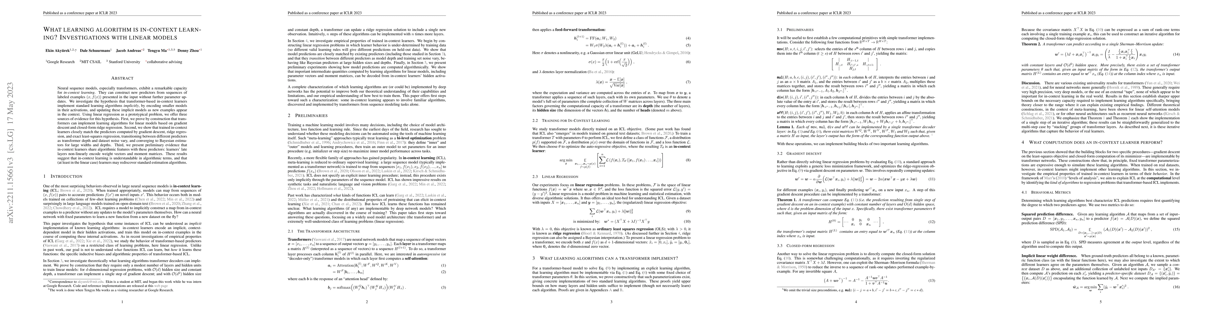 Thumbnail for What learning algorithm is in-context learning? Investigations with
  linear models