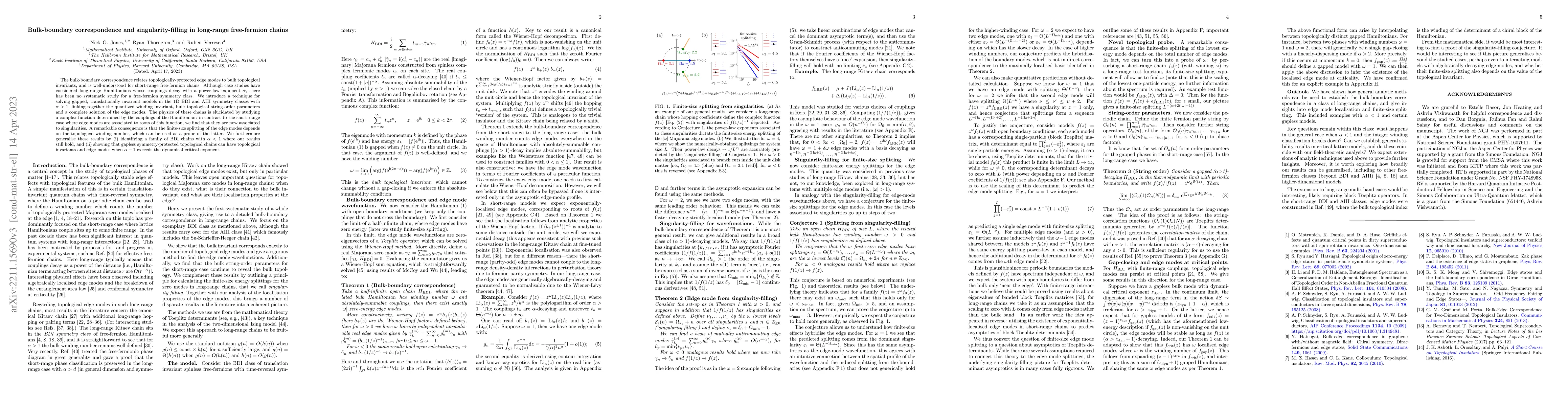 Thumbnail for Bulk-boundary correspondence and singularity-filling in long-range
  free-fermion chains