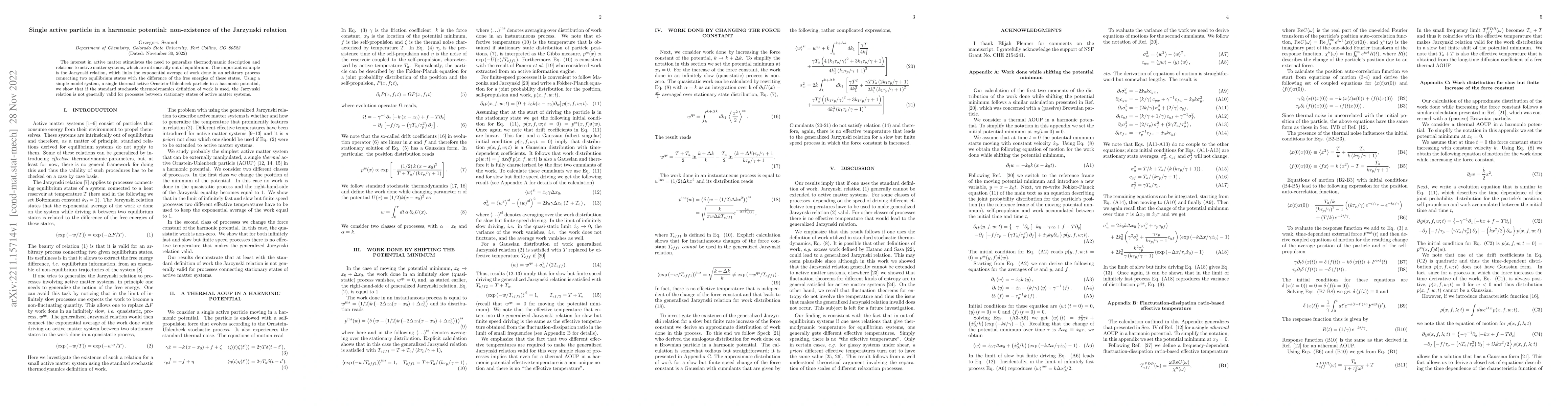 Thumbnail for Single active particle in a harmonic potential: non-existence of the
  Jarzynski relation