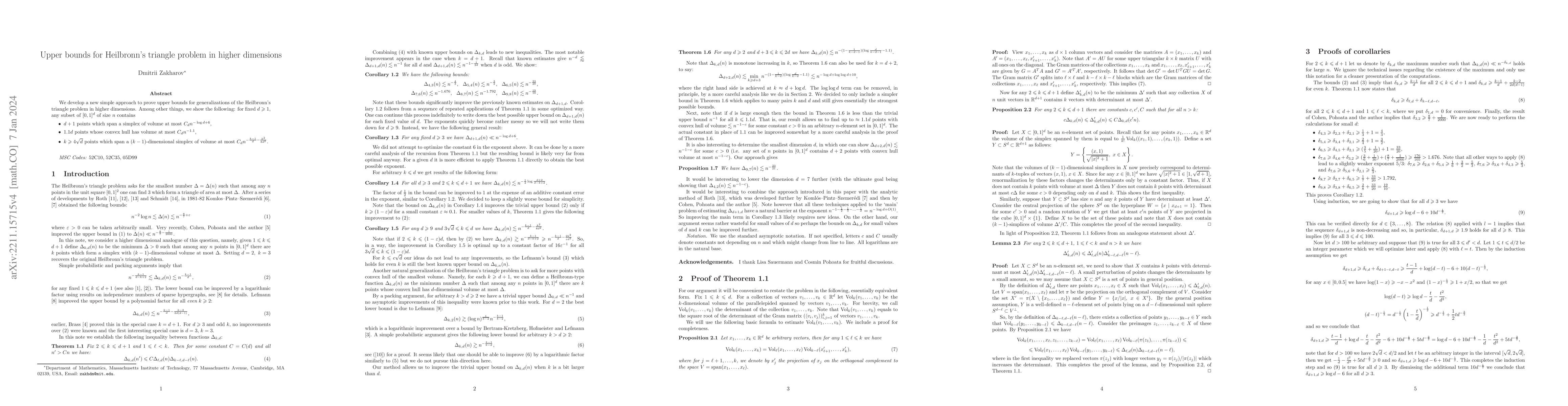 Thumbnail for Upper bounds for Heilbronn's triangle problem in higher dimensions