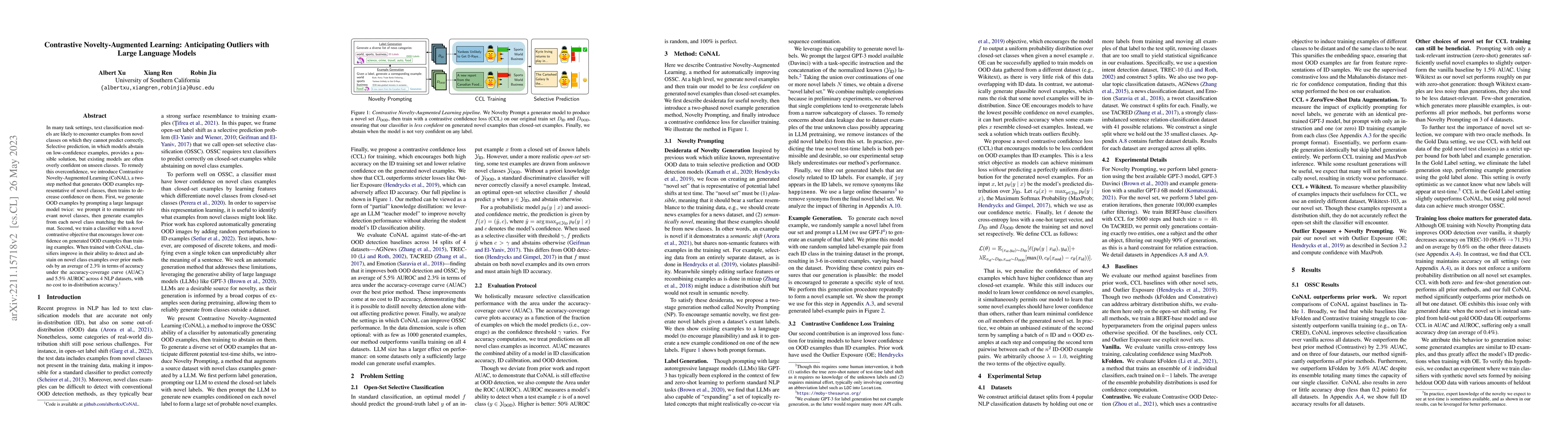 Thumbnail for Contrastive Novelty-Augmented Learning: Anticipating Outliers with Large
  Language Models