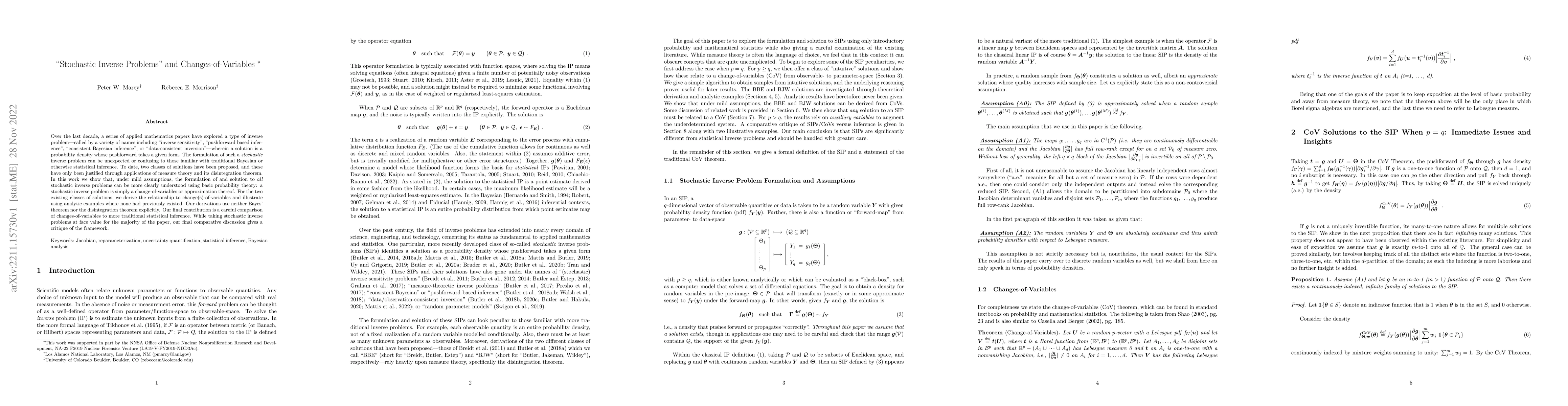 Thumbnail for "Stochastic Inverse Problems" and Changes-of-Variables