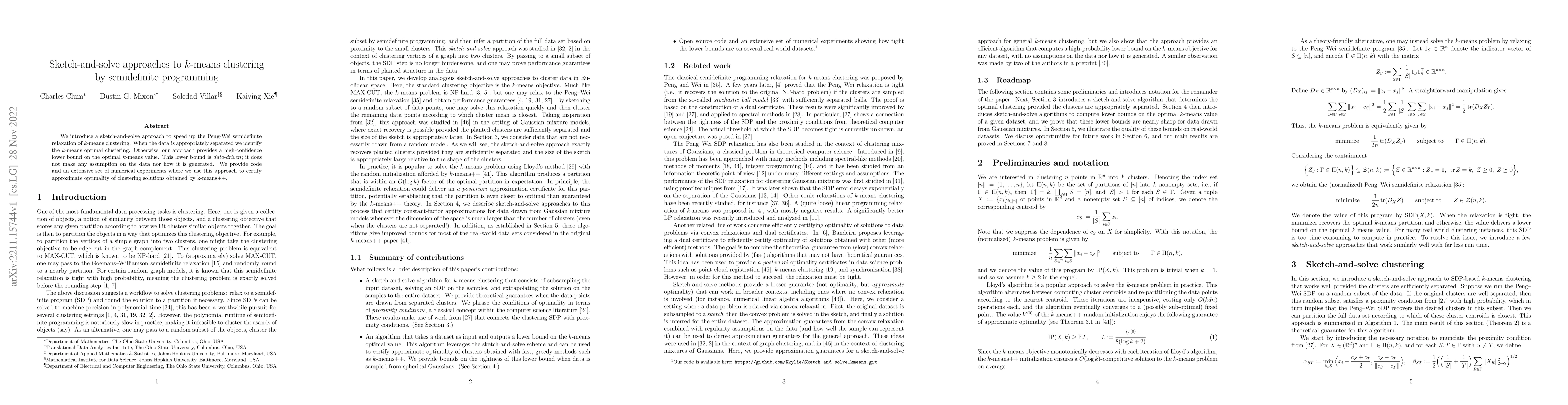 Thumbnail for Sketch-and-solve approaches to k-means clustering by semidefinite
  programming