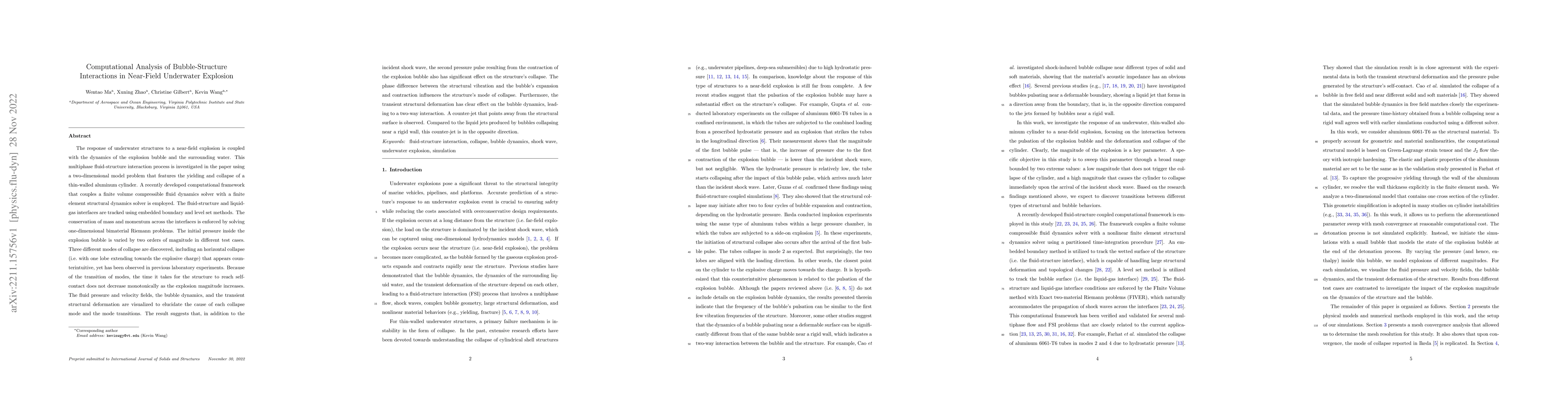 Thumbnail for Computational Analysis of Bubble-Structure Interactions in Near-Field
  Underwater Explosion