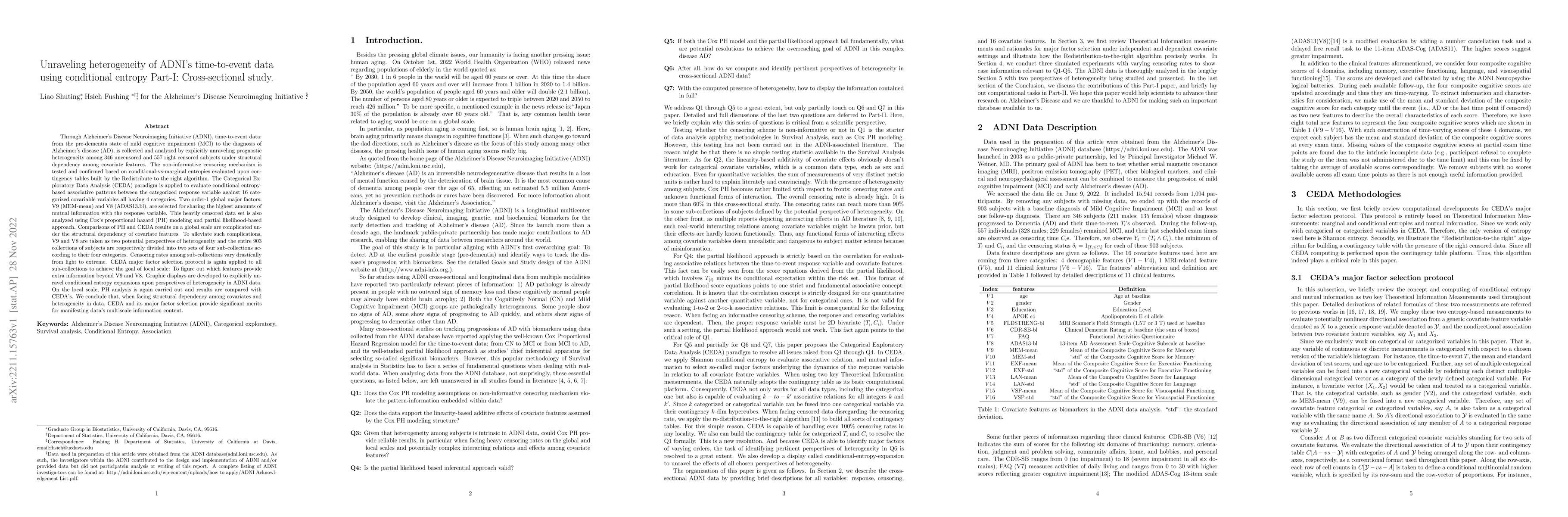 Thumbnail for Unraveling heterogeneity of ADNI's time-to-event data using conditional
  entropy Part-I: Cross-sectional study