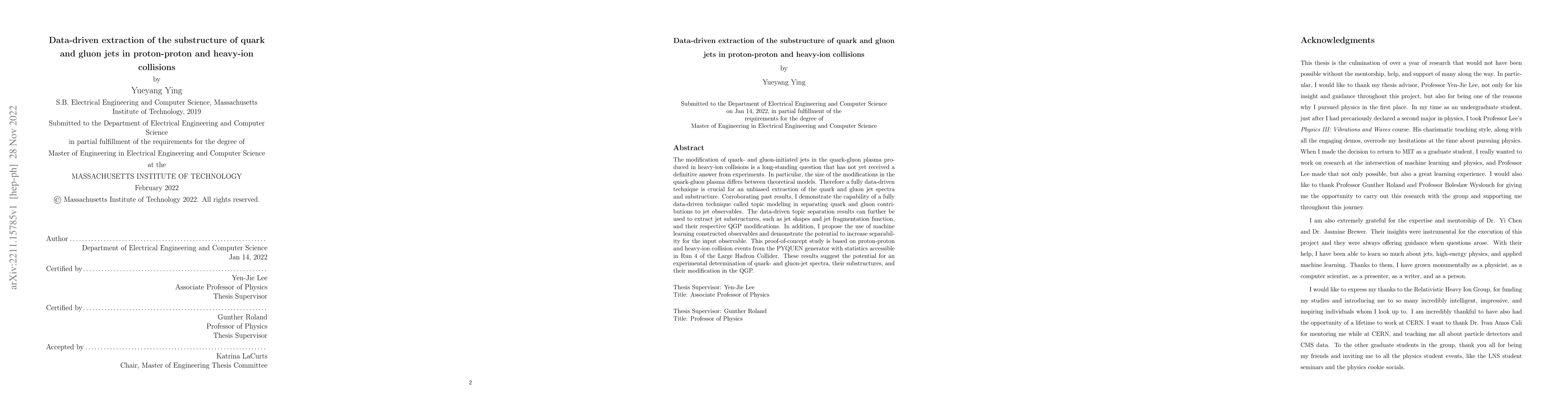 Thumbnail for Data-driven extraction of the substructure of quark and gluon jets in
  proton-proton and heavy-ion collisions