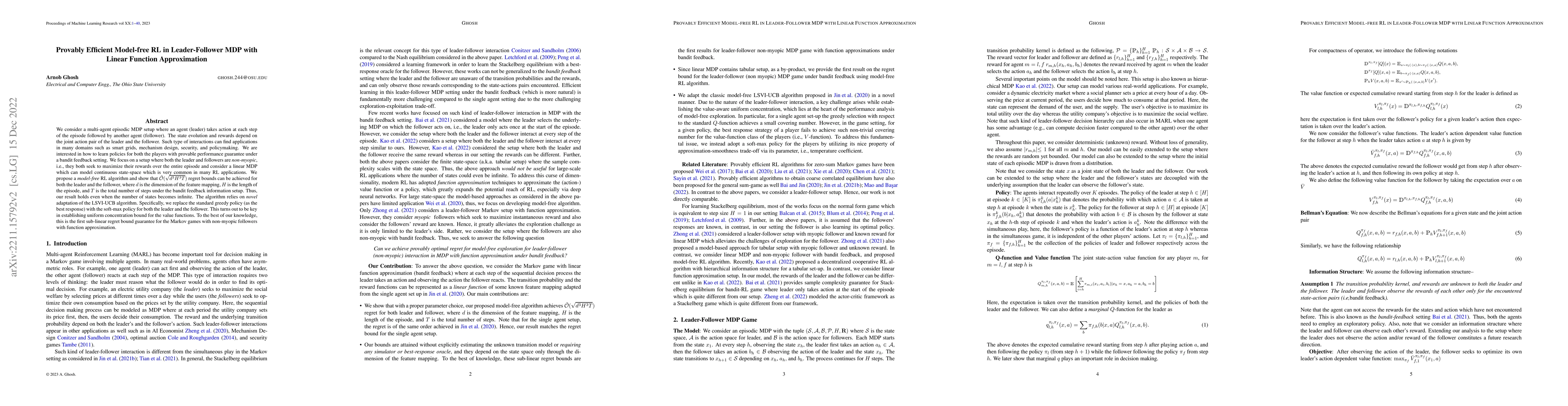 Thumbnail for Provably Efficient Model-free RL in Leader-Follower MDP with Linear
  Function Approximation