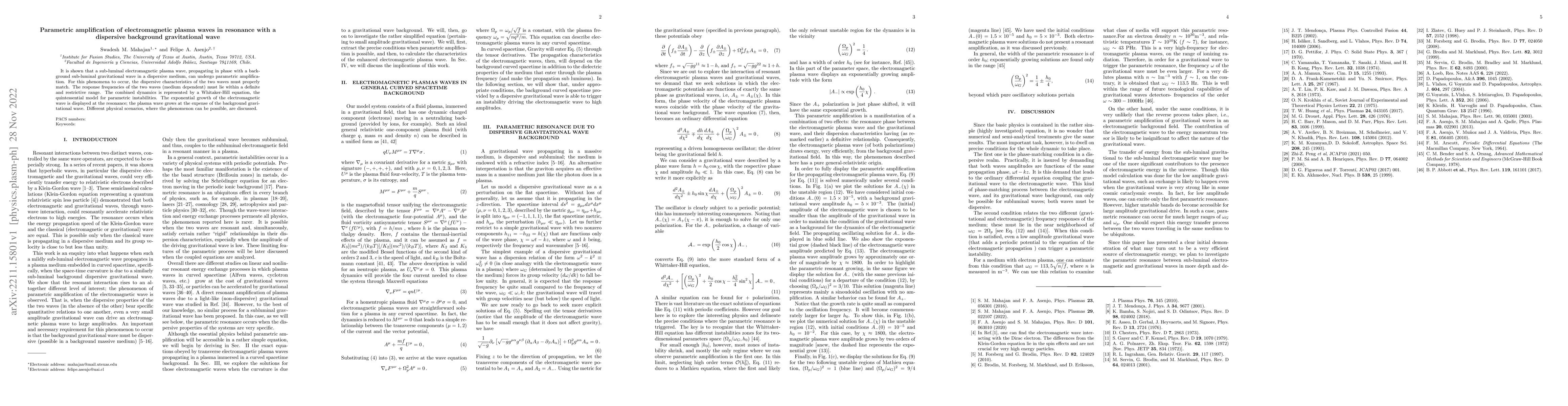 Thumbnail for Parametric amplification of electromagnetic plasma waves in resonance
  with a dispersive background gravitational wave