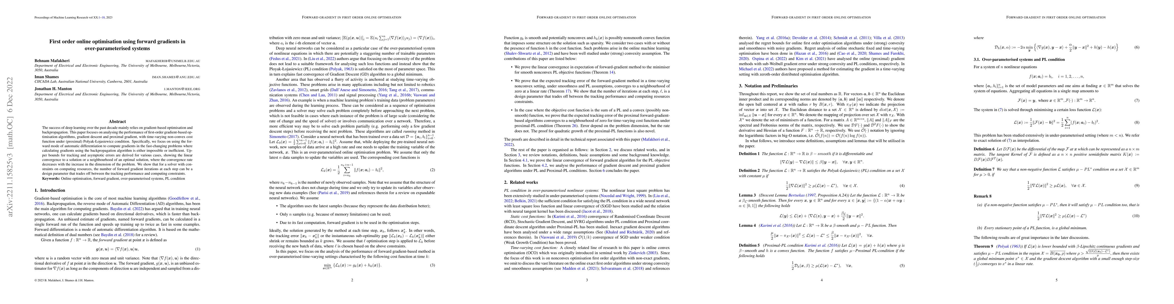 Thumbnail for First order online optimisation using forward gradients in
  over-parameterised systems