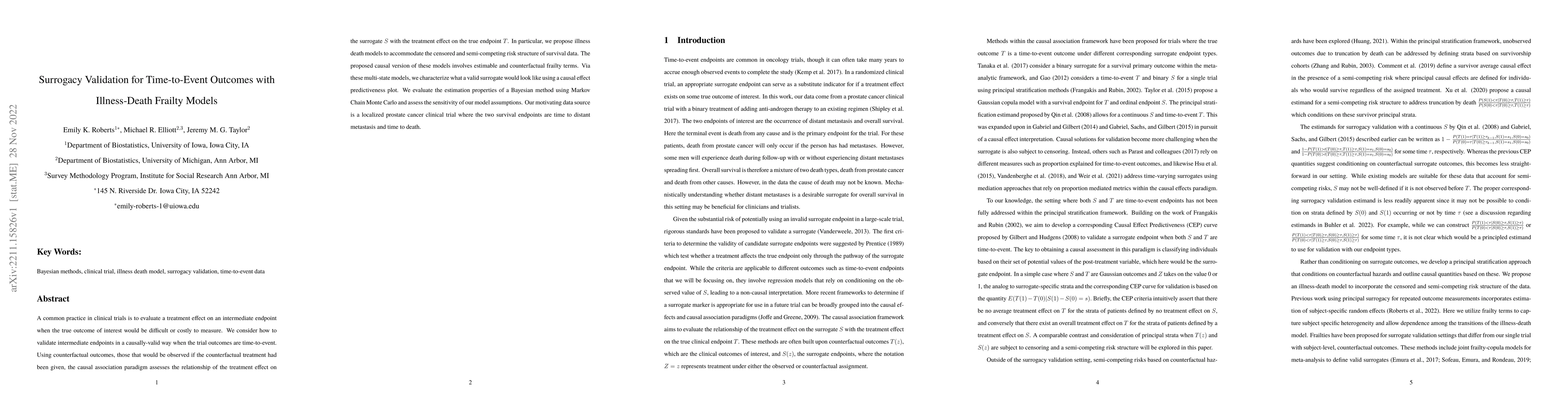 Thumbnail for Surrogacy Validation for Time-to-Event Outcomes with Illness-Death
  Frailty Models