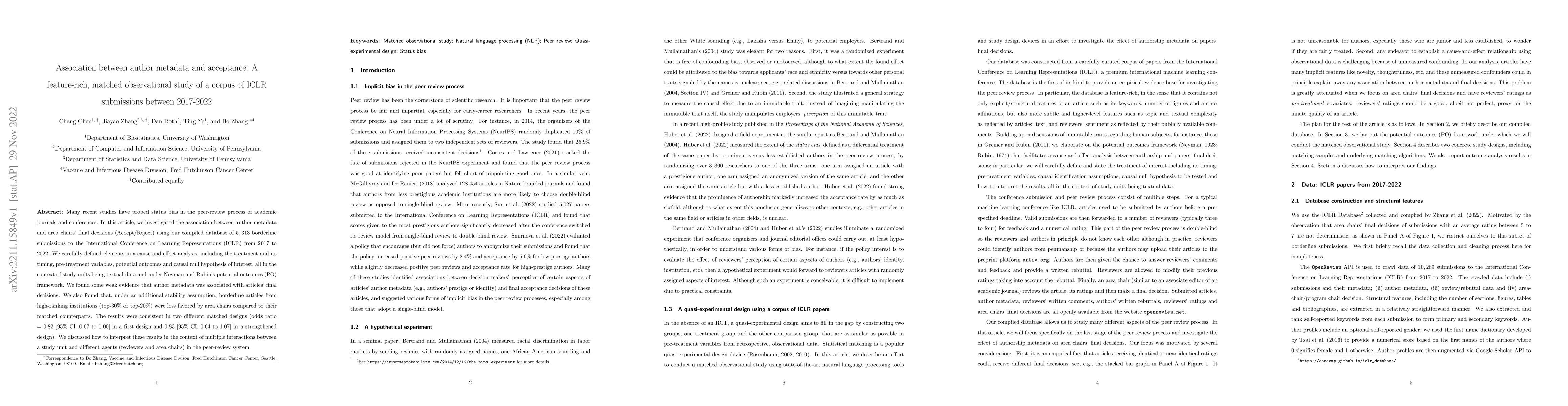 Thumbnail for Association between author metadata and acceptance: A feature-rich,
  matched observational study of a corpus of ICLR submissions between 2017-2022