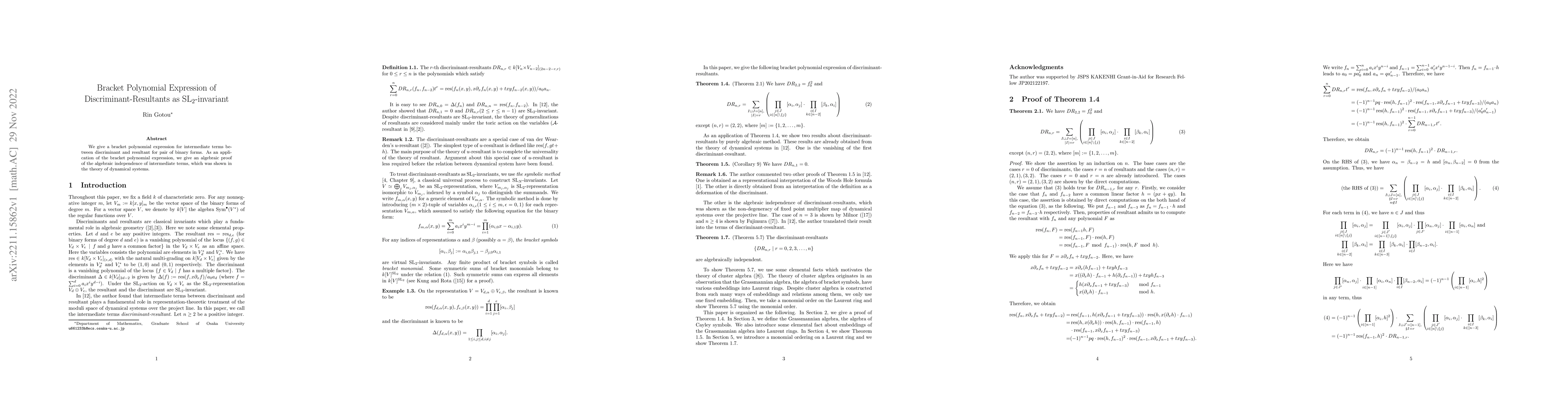 Thumbnail for Bracket Polynomial Expression of Discriminant-Resultants as
  SL2-invariant