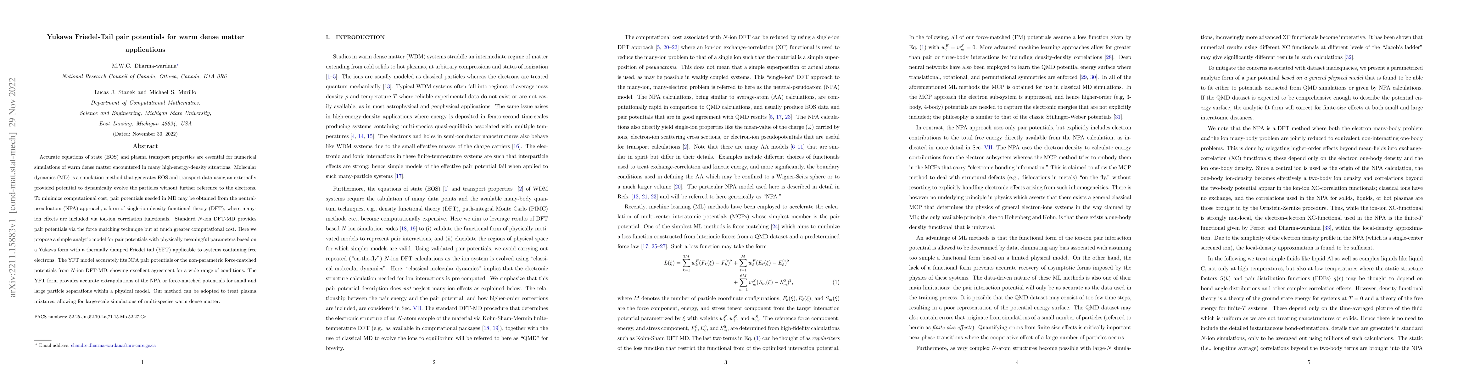 Thumbnail for Yukawa Friedel-Tail pair potentials for warm dense matter applications