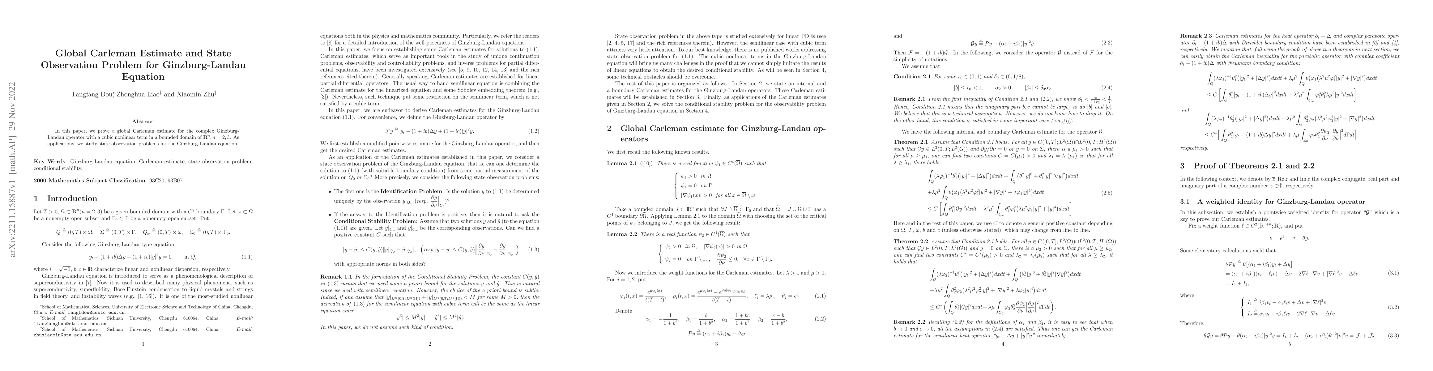 Thumbnail for Global Carleman Estimate and State Observation Problem for
  Ginzburg-Landau Equation