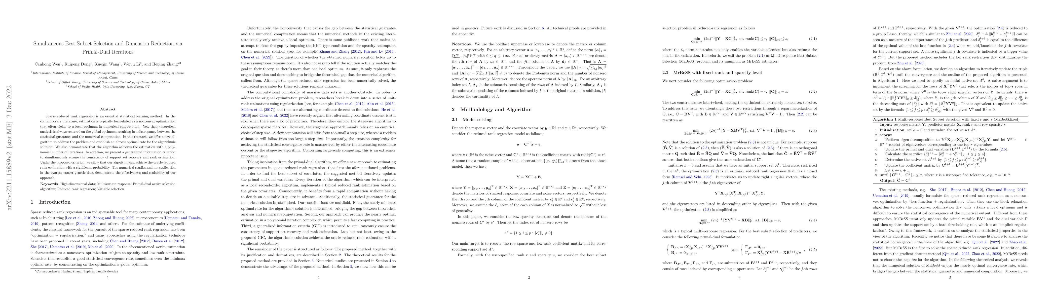 Thumbnail for Simultaneous Best Subset Selection and Dimension Reduction via
  Primal-Dual Iterations