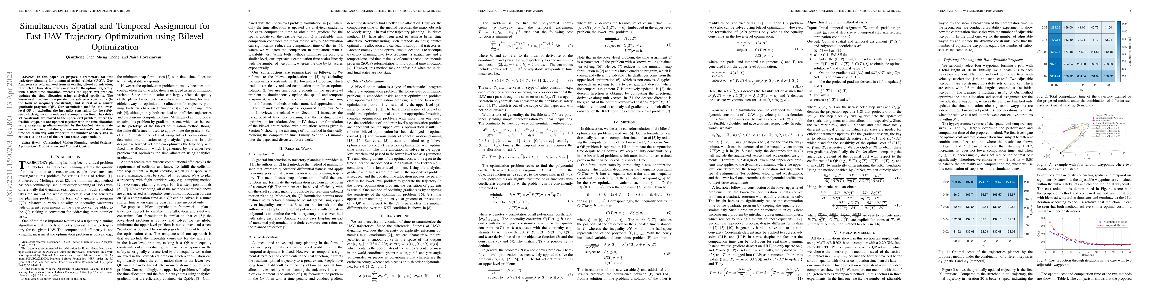 Thumbnail for Simultaneous Spatial and Temporal Assignment for Fast UAV Trajectory
  Optimization using Bilevel Optimization