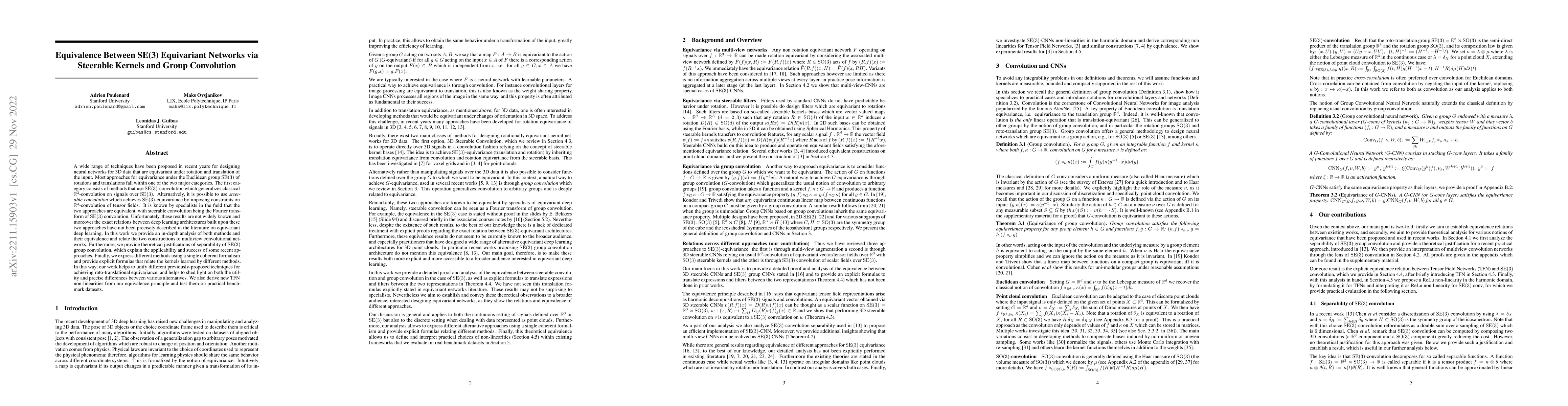 Thumbnail for Equivalence Between SE(3) Equivariant Networks via Steerable Kernels and
  Group Convolution
