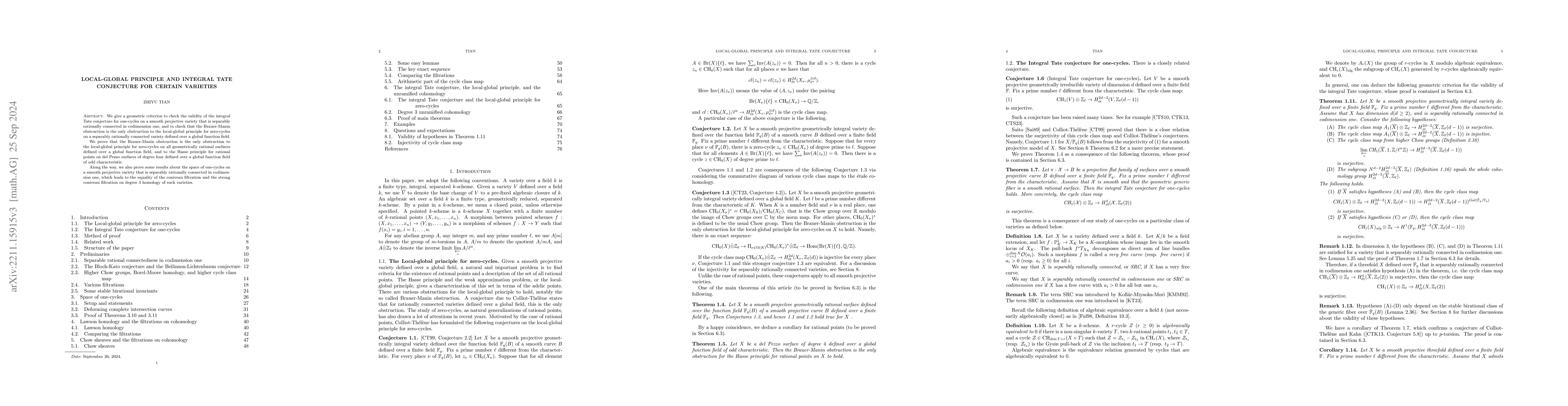 Thumbnail for Local-global principle and integral Tate conjecture for certain
  varieties