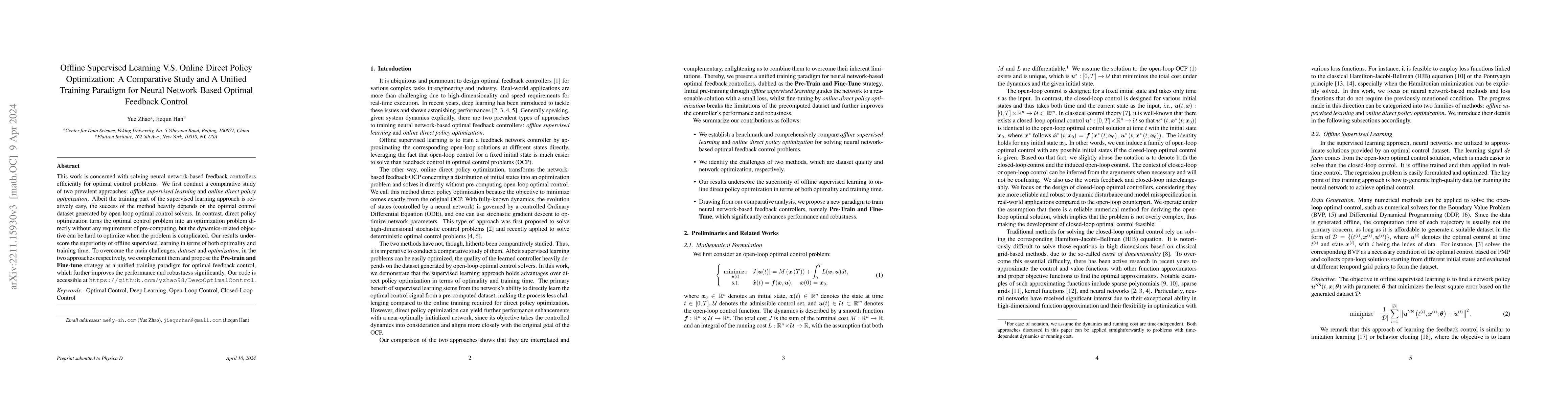 Thumbnail for Offline Supervised Learning V.S. Online Direct Policy Optimization: A
  Comparative Study and A Unified Training Paradigm for Neural Network-Based
  Optimal Feedback Control