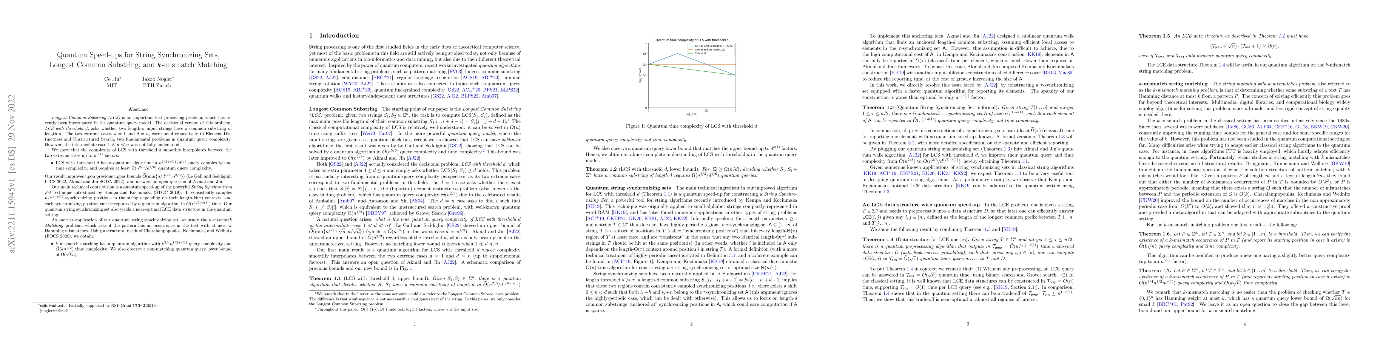 Thumbnail for Quantum Speed-ups for String Synchronizing Sets, Longest Common
  Substring, and k-mismatch Matching