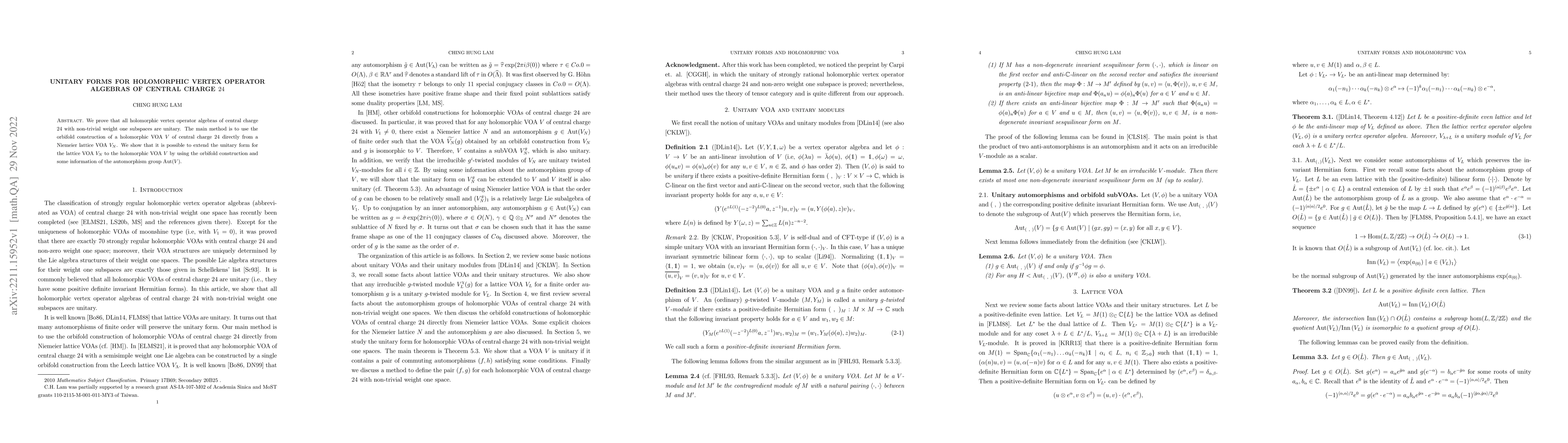 Thumbnail for Unitary forms for holomorphic vertex operator algebras of central charge
  $24$