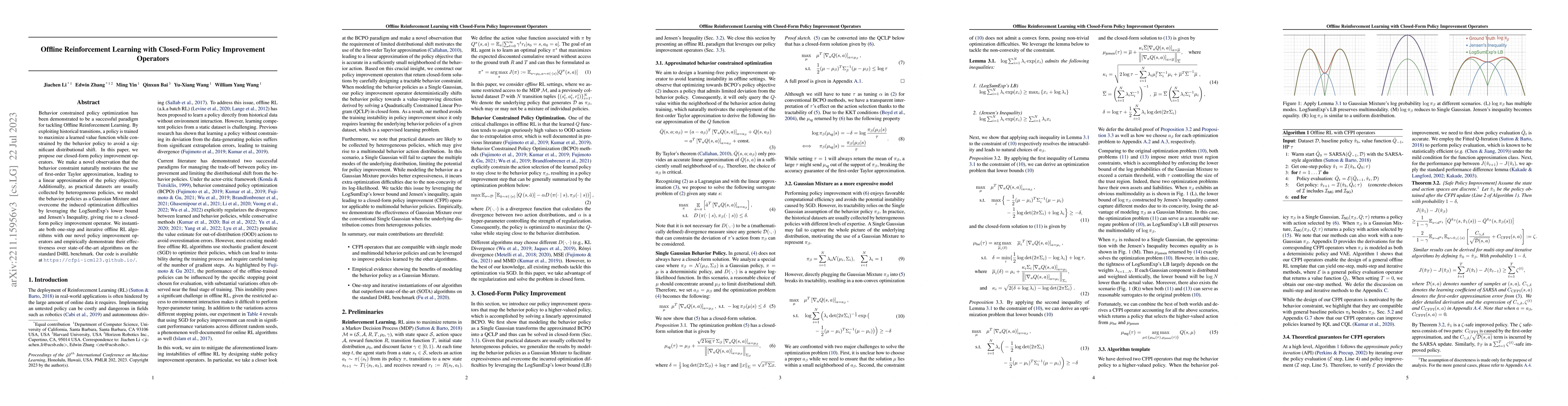 Thumbnail for Offline Reinforcement Learning with Closed-Form Policy Improvement
  Operators