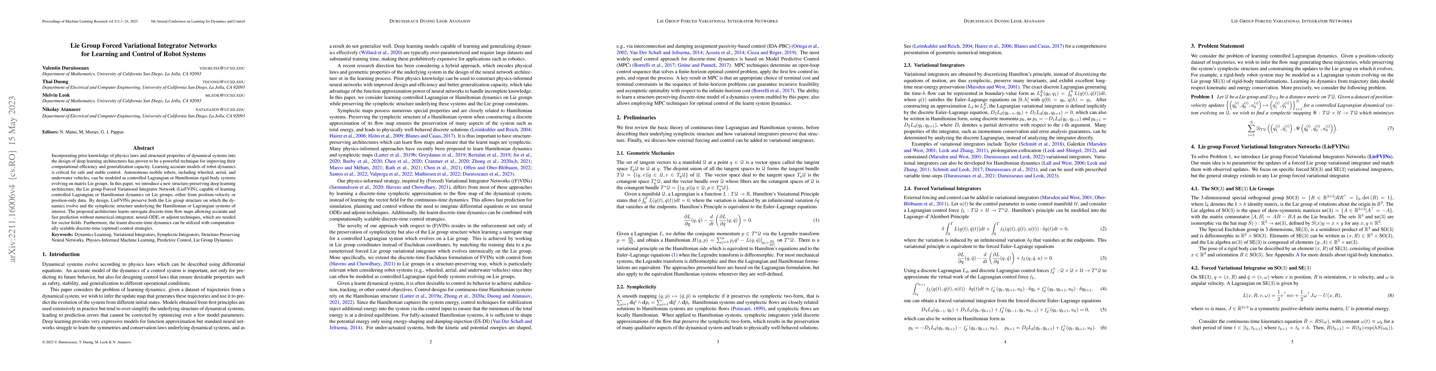 Thumbnail for Lie Group Forced Variational Integrator Networks for Learning and
  Control of Robot Systems