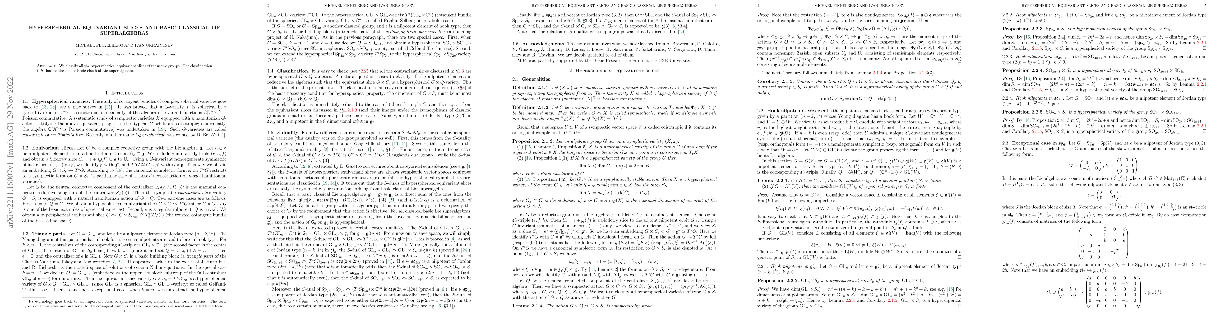 Thumbnail for Hyperspherical equivariant slices and basic classical Lie superalgebras