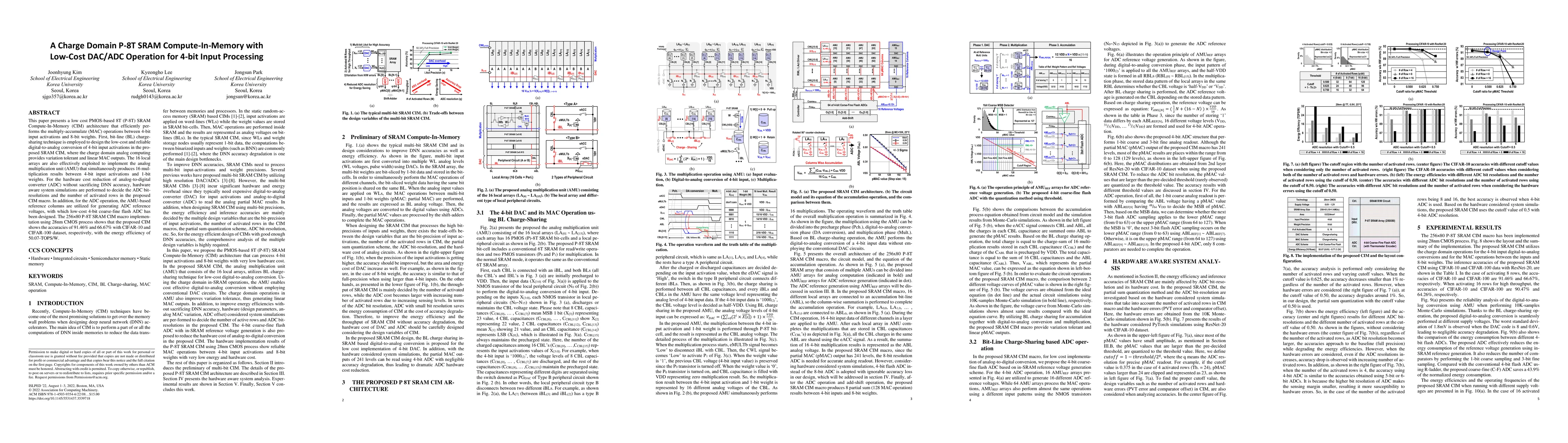 Thumbnail for A Charge Domain P-8T SRAM Compute-In-Memory with Low-Cost DAC/ADC
  Operation for 4-bit Input Processing