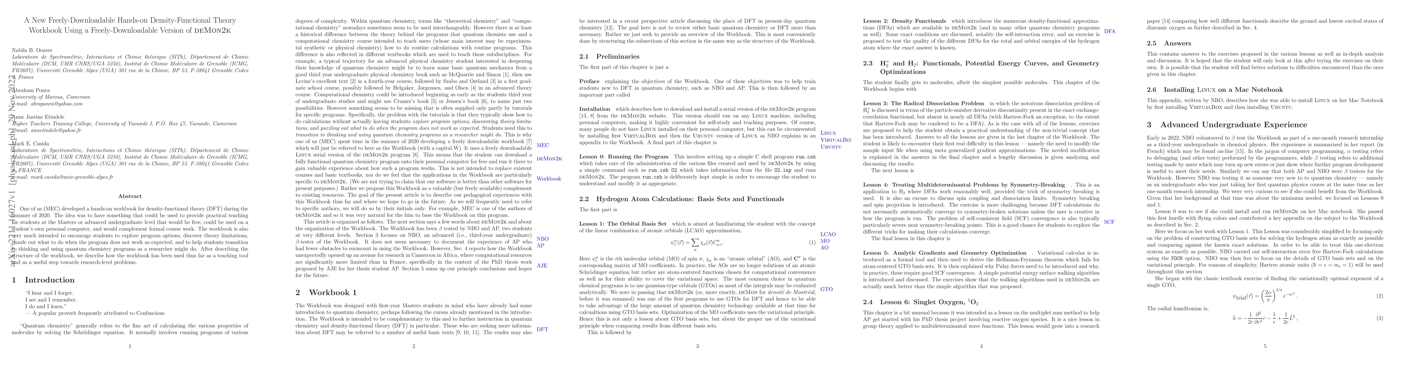 Thumbnail for A New Freely-Downloadable Hands-on Density-Functional Theory Workbook
  Using a Freely-Downloadable Version of deMon2k