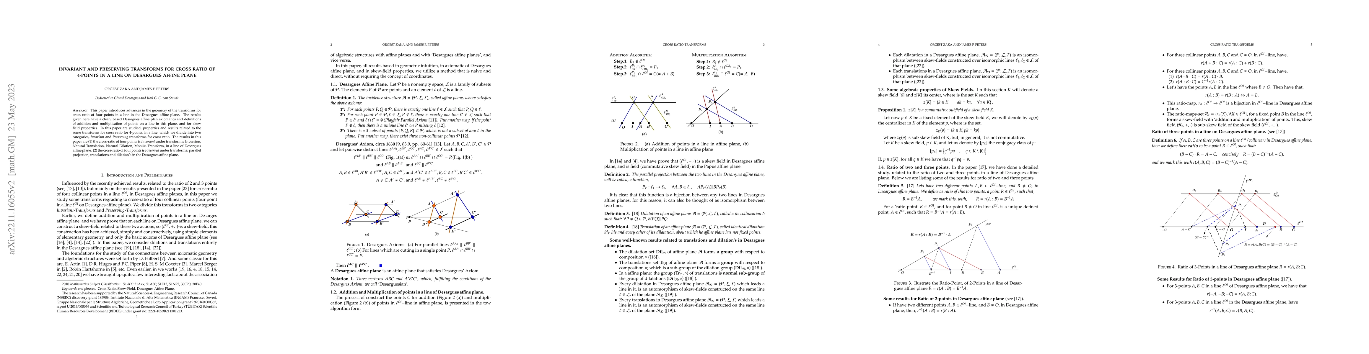 Thumbnail for Invariant and Preserving Transforms for Cross Ratio of 4-Points in a
  line on Desargues Affine Plane