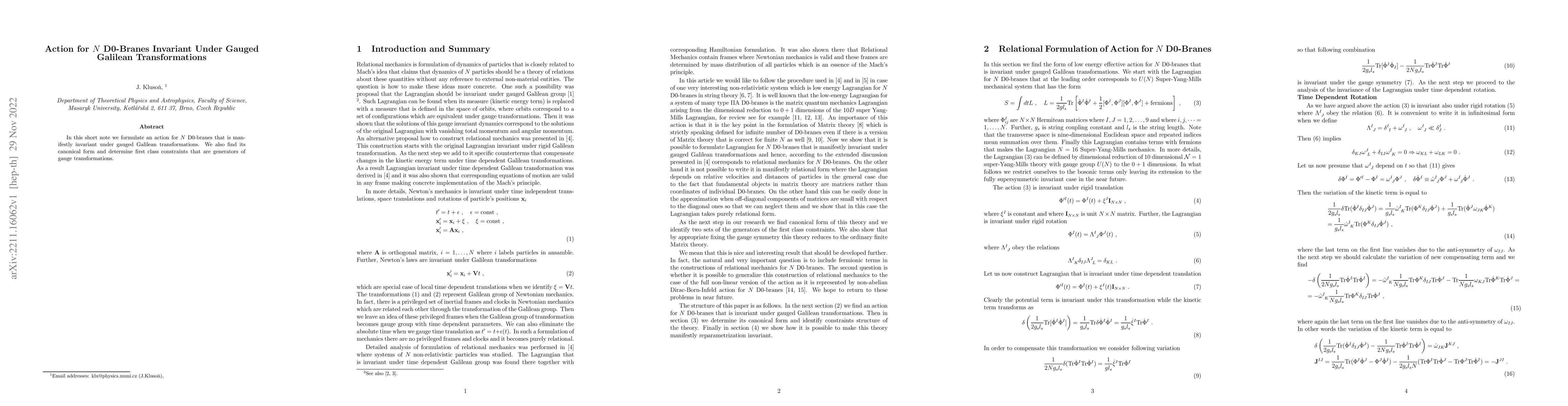 Thumbnail for Action for N D0-Branes Invariant Under Gauged Galilean Transformations