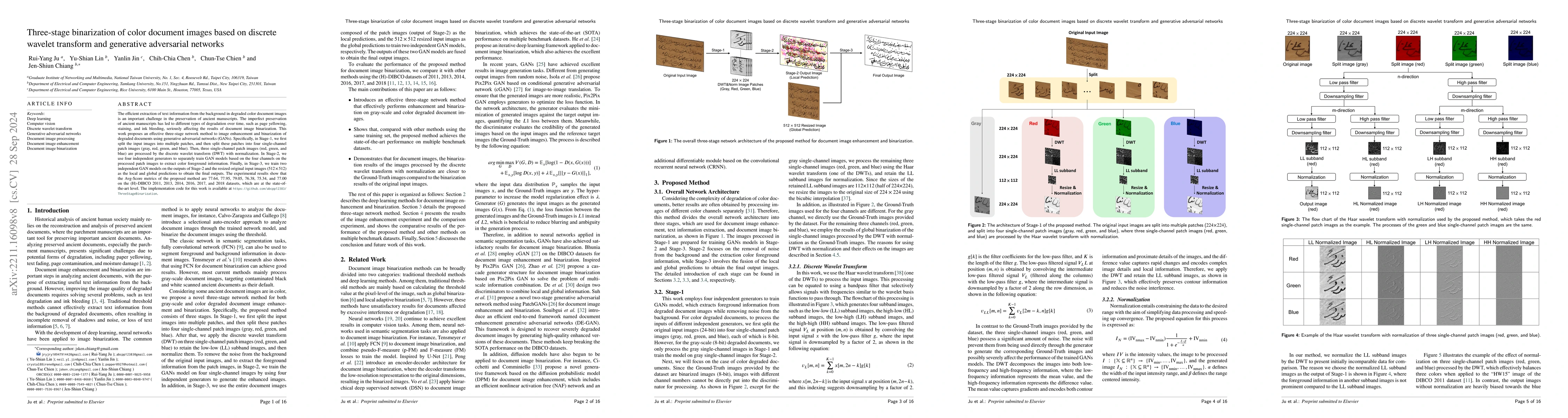 Thumbnail for Three-stage binarization of color document images based on discrete
  wavelet transform and generative adversarial networks