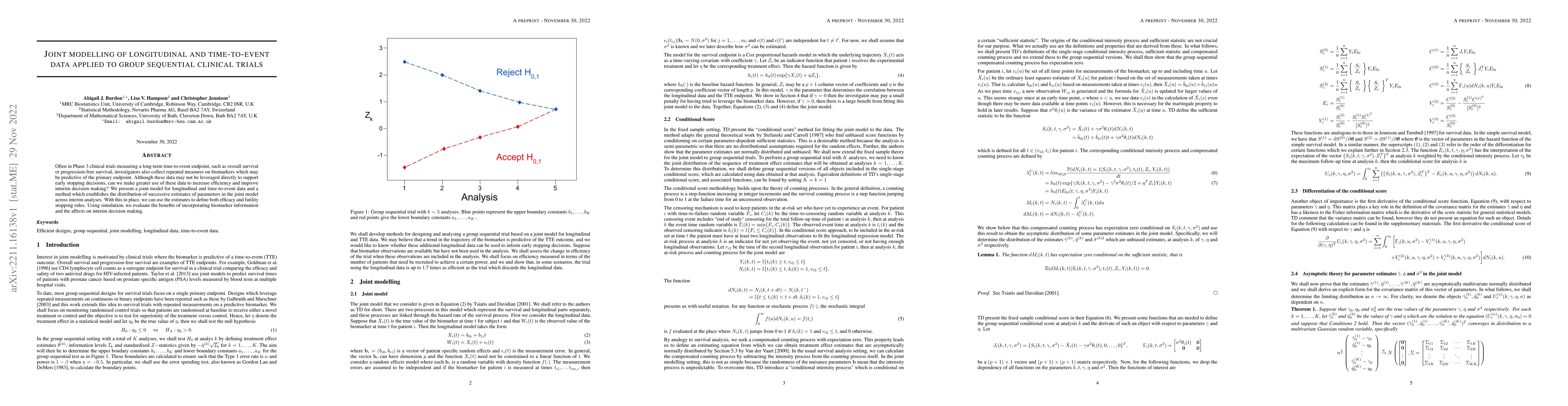 Thumbnail for Joint modelling of longitudinal and time-to-event data applied to group
  sequential clinical trials