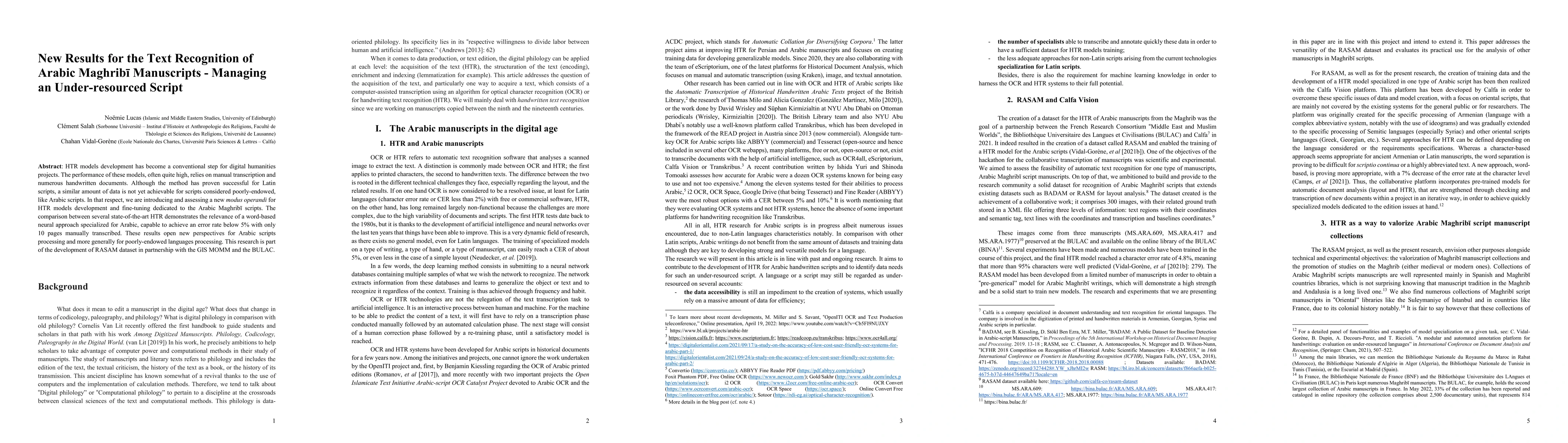 Thumbnail for New Results for the Text Recognition of Arabic Maghrib{\=i} Manuscripts
  -- Managing an Under-resourced Script