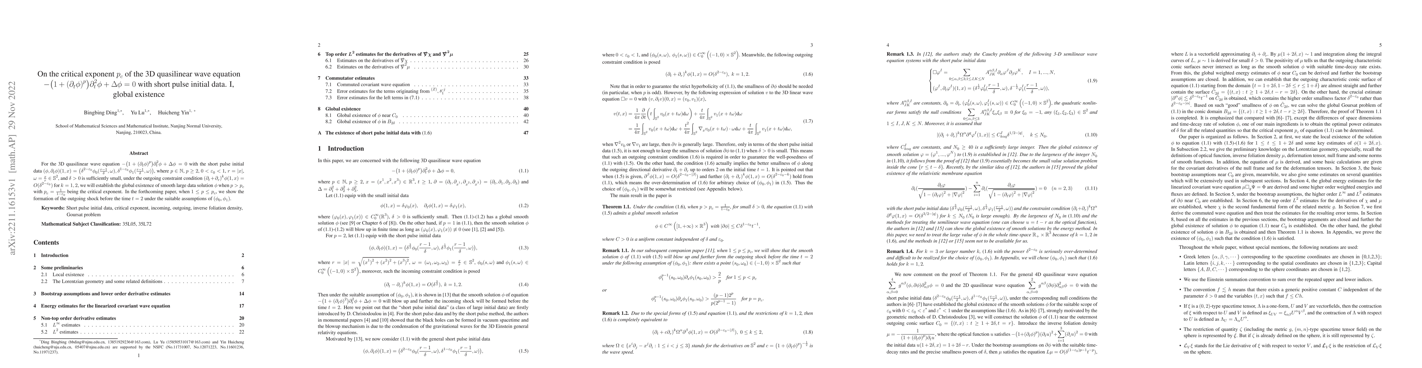Thumbnail for On the critical exponent $p_c$ of the 3D quasilinear wave equation
  $-\big(1+(\partial_t\phi)^p\big)\partial_t^2\phi+\Delta\phi=0$ with short
  pulse initial data. I, global existence
