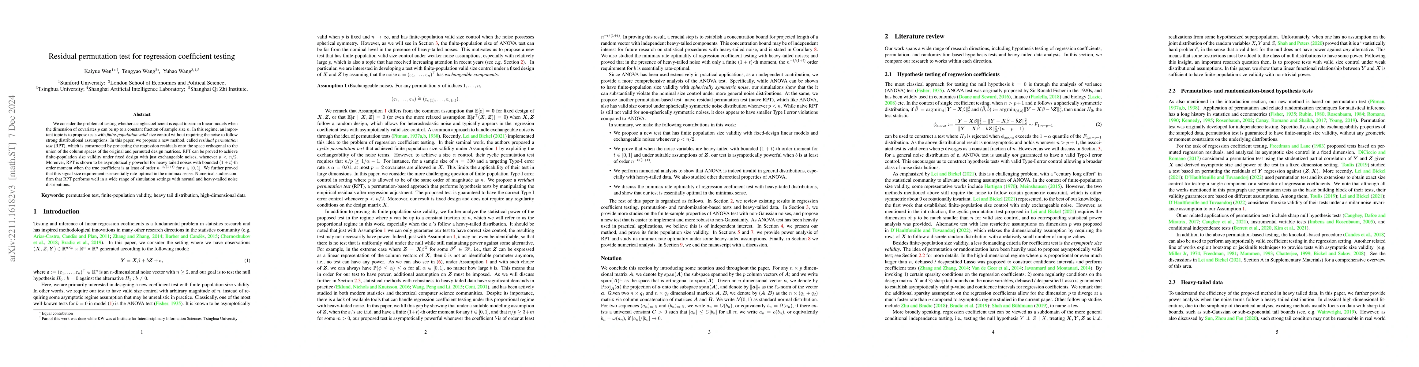 Thumbnail for Residual Permutation Test for High-Dimensional Regression Coefficient
  Testing