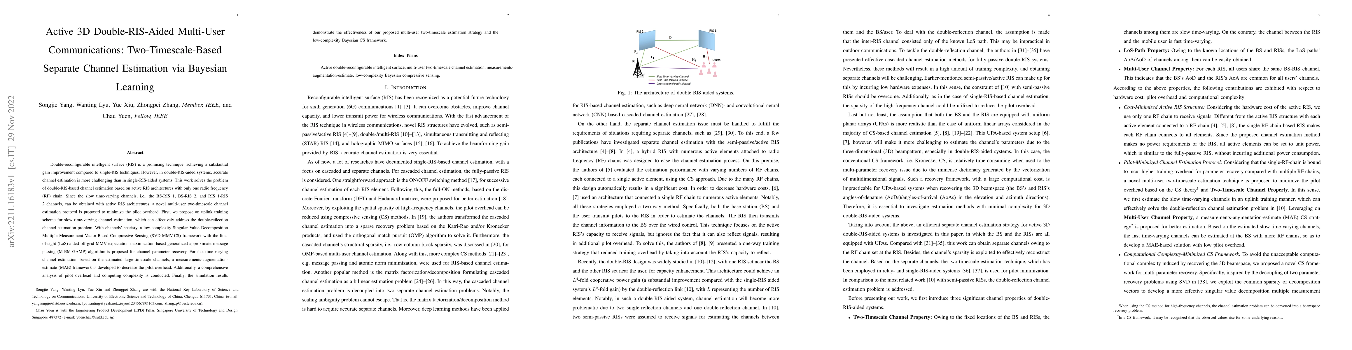 Thumbnail for Active 3D Double-RIS-Aided Multi-User Communications:
  Two-Timescale-Based Separate Channel Estimation via Bayesian Learning