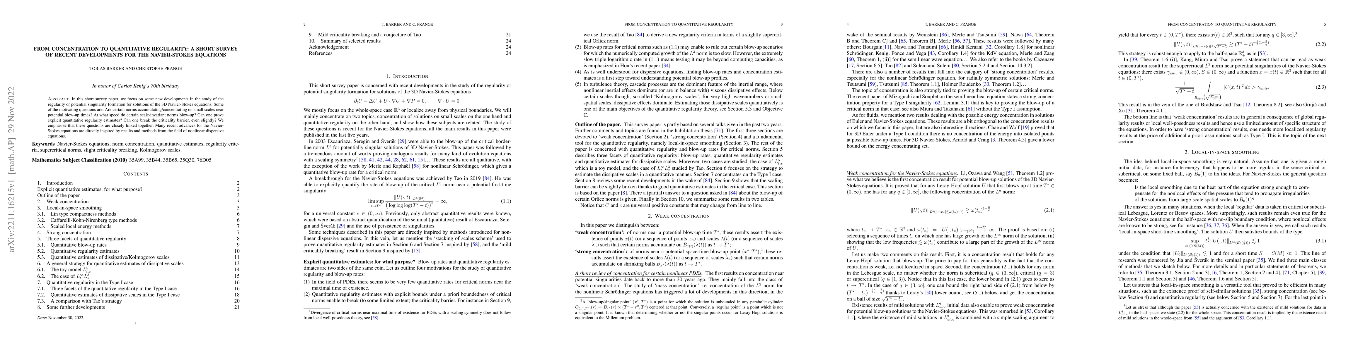 Thumbnail for From concentration to quantitative regularity: a short survey of recent
  developments for the Navier-Stokes equations