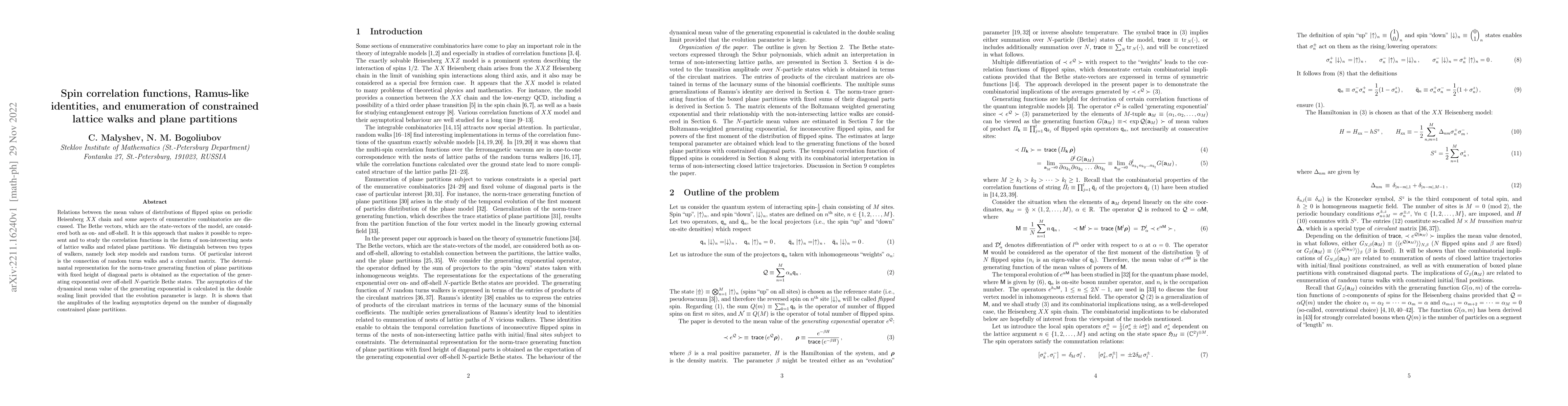 Thumbnail for Spin correlation functions, Ramus-like identities, and enumeration of
  constrained lattice walks and plane partitions