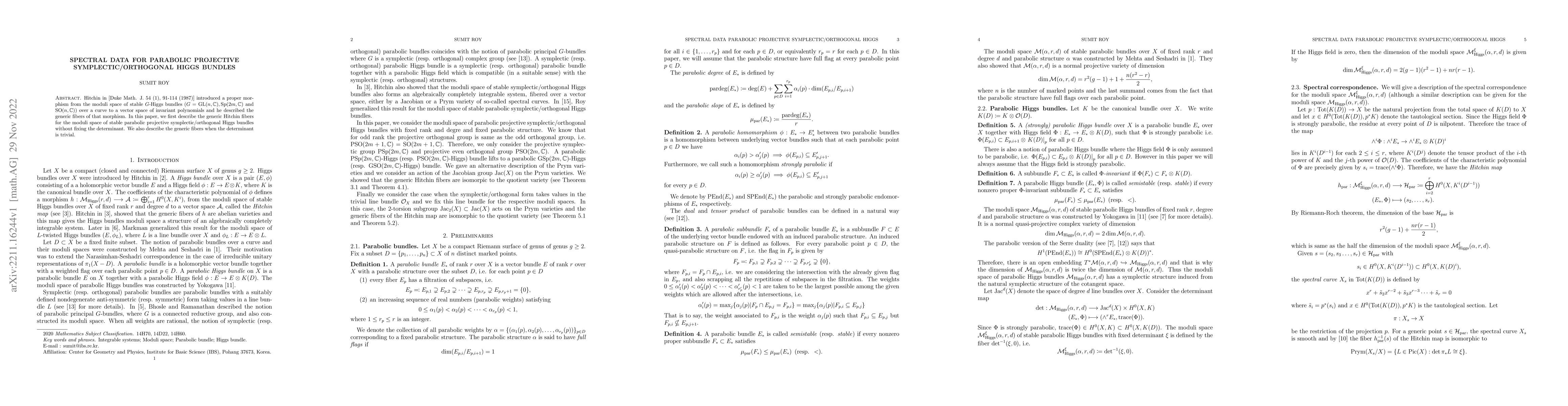 Thumbnail for Spectral data for parabolic projective symplectic/orthogonal Higgs
  bundles