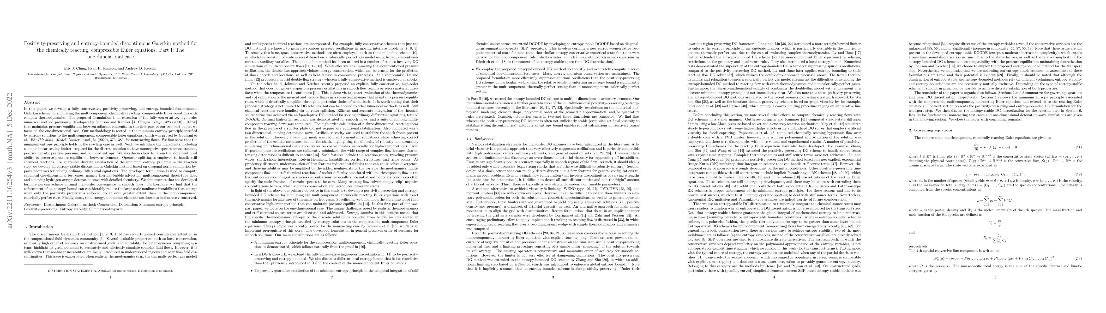 Thumbnail for Positivity-preserving and entropy-bounded discontinuous Galerkin method
  for the chemically reacting, compressible Euler equations. Part I: The
  one-dimensional case