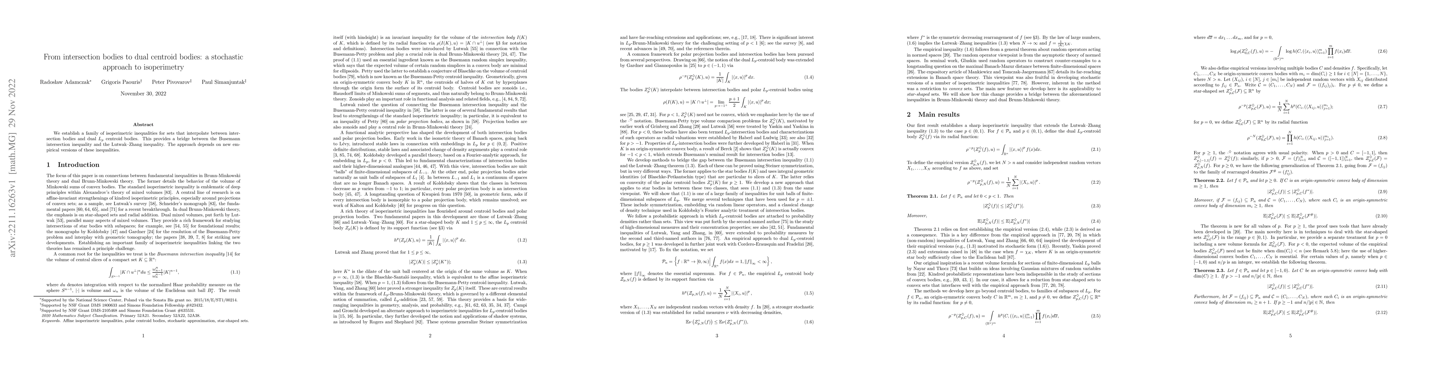 Thumbnail for From intersection bodies to dual centroid bodies: a stochastic approach
  to isoperimetry