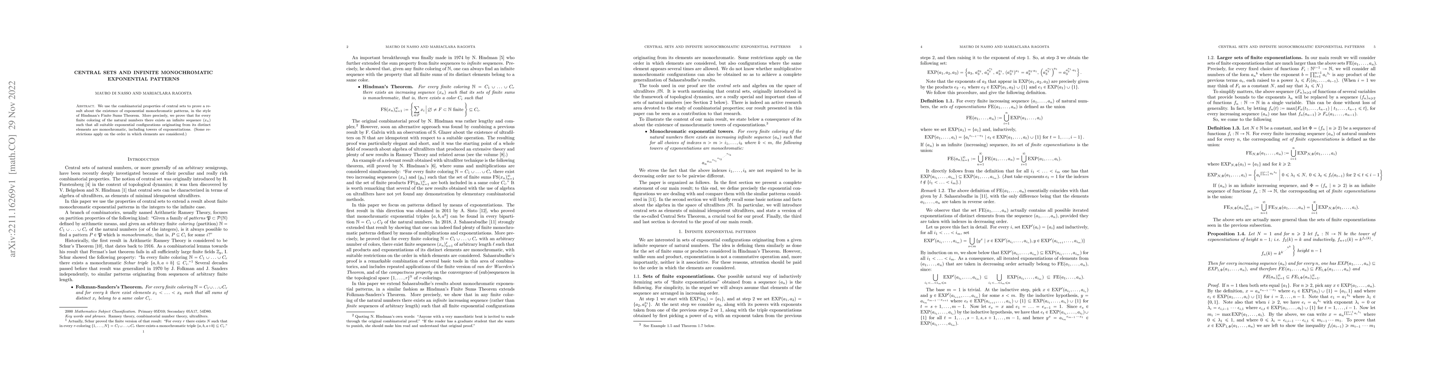 Thumbnail for Central sets and infinite monochromatic exponential patterns