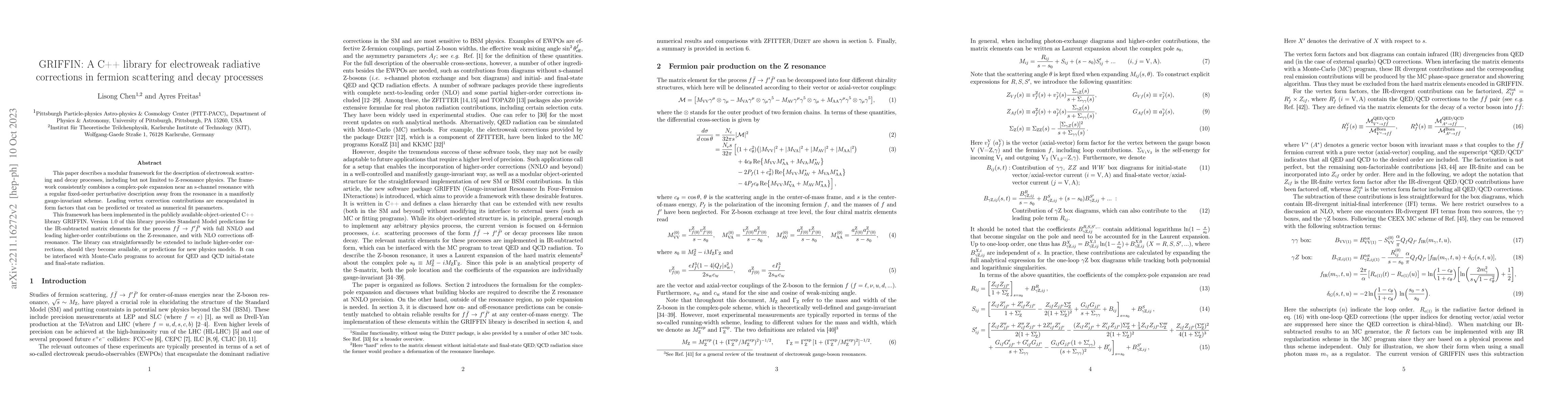 Thumbnail for GRIFFIN: A C++ library for electroweak radiative corrections in fermion
  scattering and decay processes