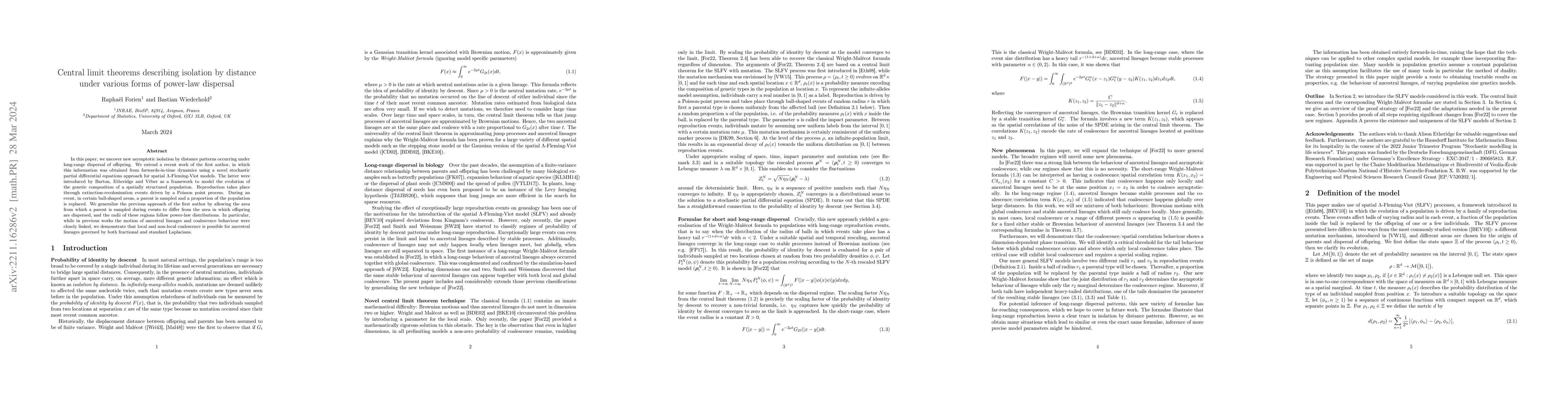 Thumbnail for Central limit theorems describing isolation by distance under various
  forms of power-law dispersal